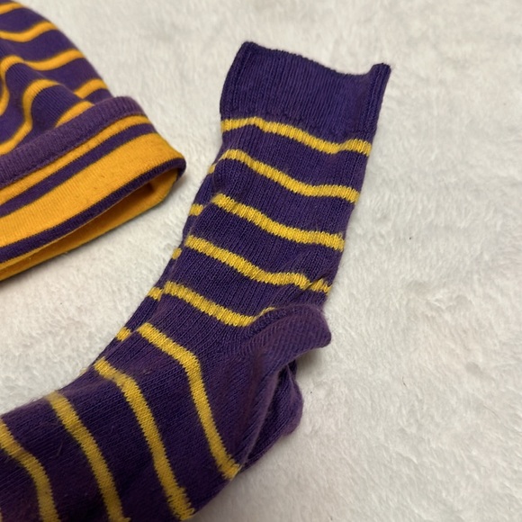 HANNA ANDERSSON STRIPED REVERSIBLE KNIT HAT CAP & SOCKS PURPLE YELLOW SMALL - Picture 3 of 3